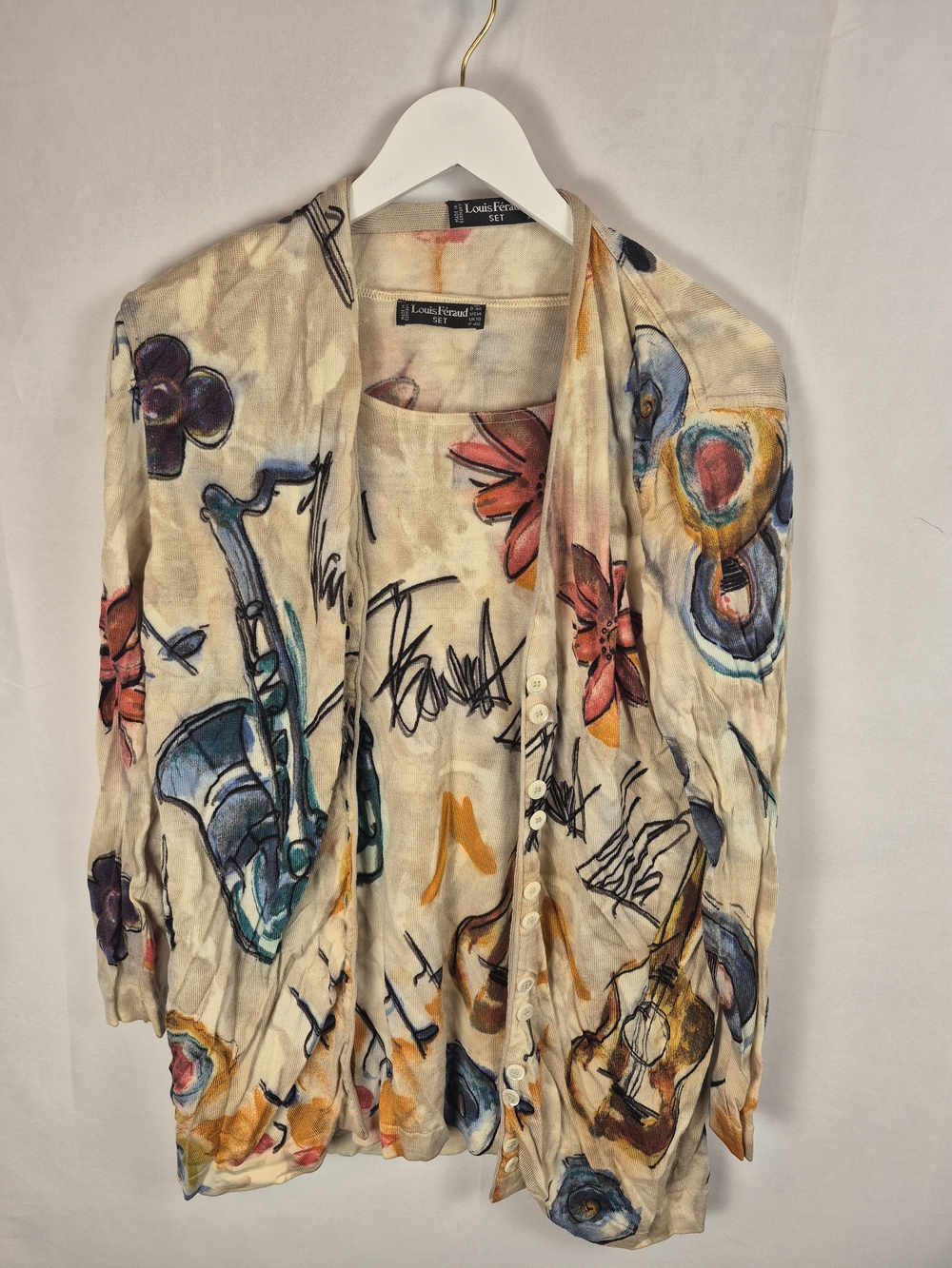 VTG Louis Feraud Cream Printed Women's Jacket And Shirt Size 14 Merino Wool